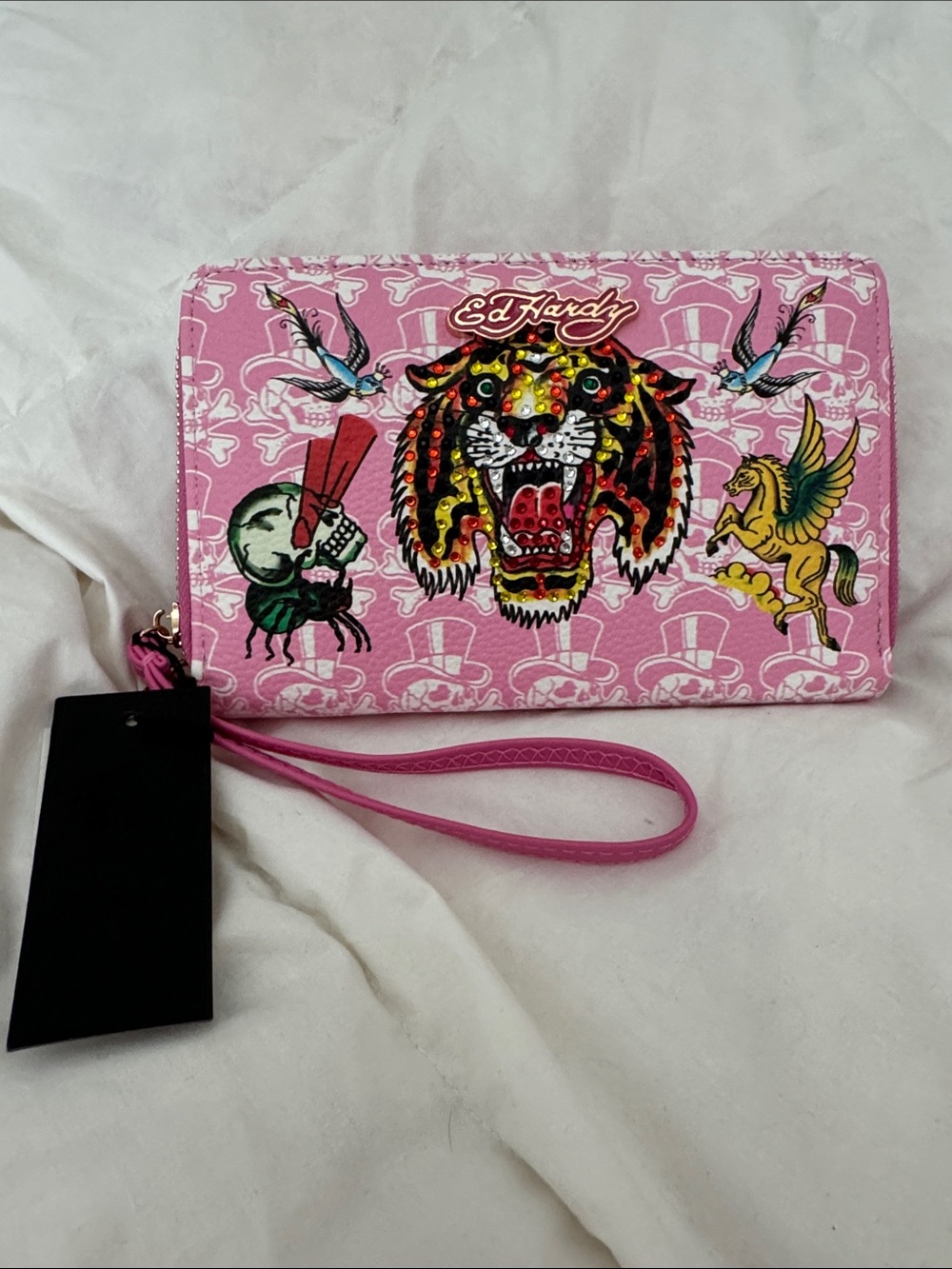 NWT Ed Hardy Hot Pink Rhinestone Tiger Wristlet Wallet